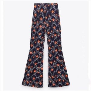 ZARA Navy Blue and Orange Graphic Print Wide Leg Palazzo Pants Medium